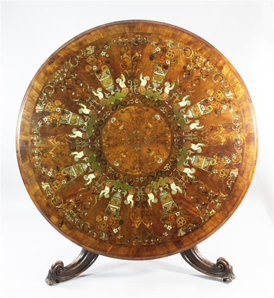 A Victorian walnut, crossbanded, sycamore, ivory, mother of pearl, brass, copper and pewter marquetry centre table, in the manner of R.